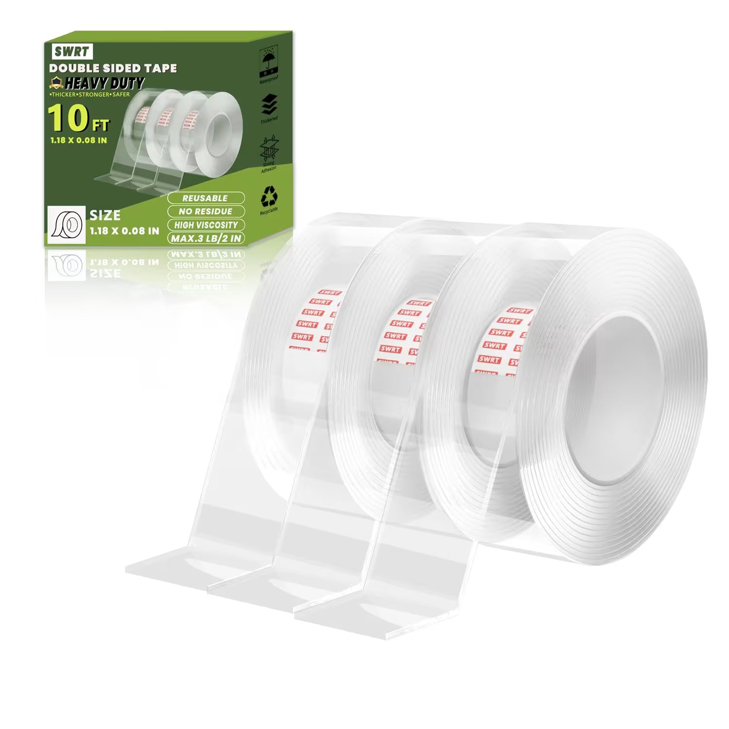 Three rolls of SWRT Nano Tape, clear double sided adhesive, shown with product packaging displaying 10ft length and features.