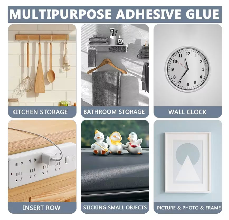 Multipurpose nano tape holding kitchen tools, bathroom storage, wall clock, power strip, car decor, and picture frame.